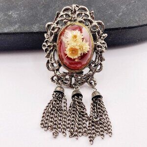 VINTAGE Big silver tone metal and genuine dried flowers tassel brooch 1950s pin